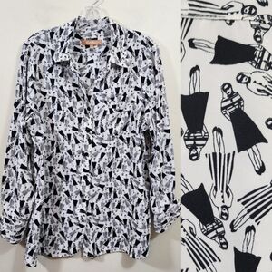 Ellen Tracy‎ double vision woman print roll tab sleeve button front blouse sz M
